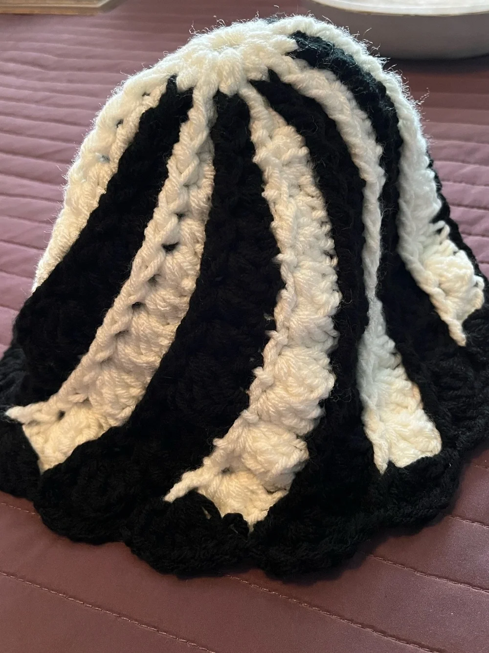 Handmade Black & White Crochet Beanie Adult XL Stretch Knit Hat Boho Cottagecore